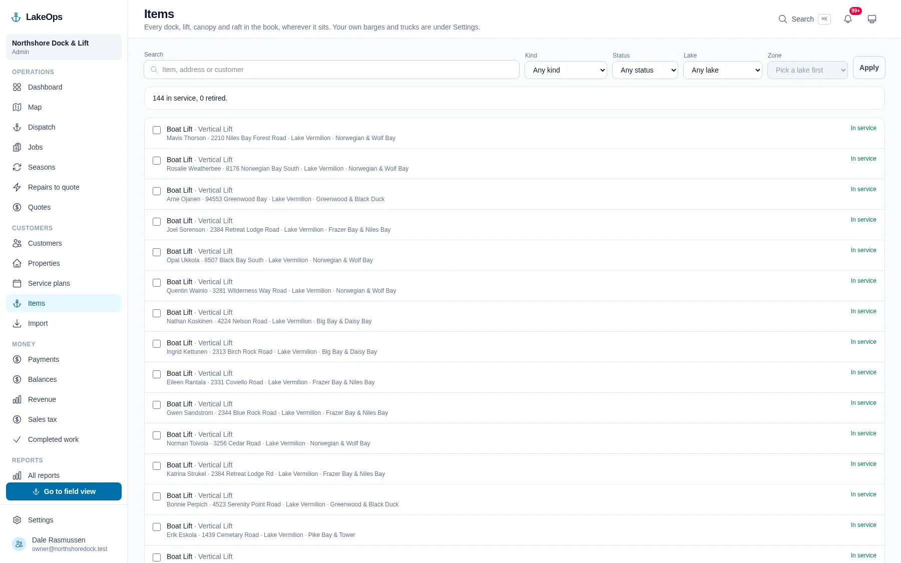 The equipment book in LakeOps: every boat lift, dock section and canopy listed with its customer, address, lake and zone, each with a checkbox for editing several at once, filtered by kind, status, lake and zone