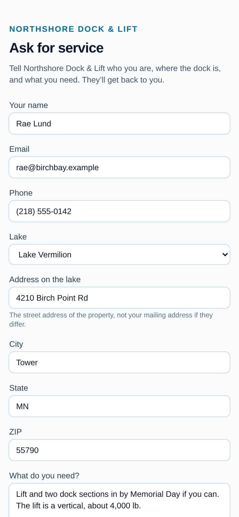The request form on a phone: your company’s name, a place to say who they are, which lake, the address and what they need, and one button.