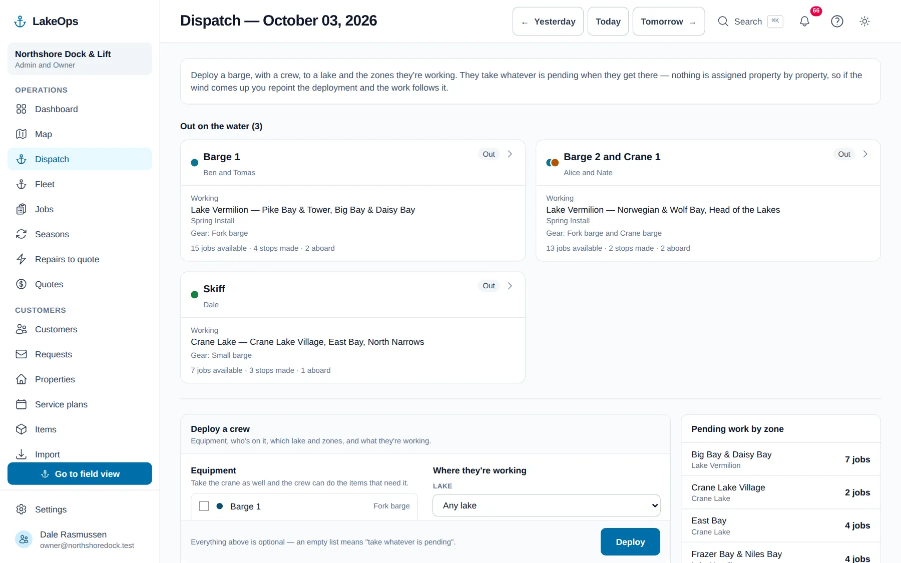 The LakeOps dispatch board: three crews out today, each showing its boat, its crew, the lake and bays they’re working and the stops they’ve made, beside the panel for sending another crew out