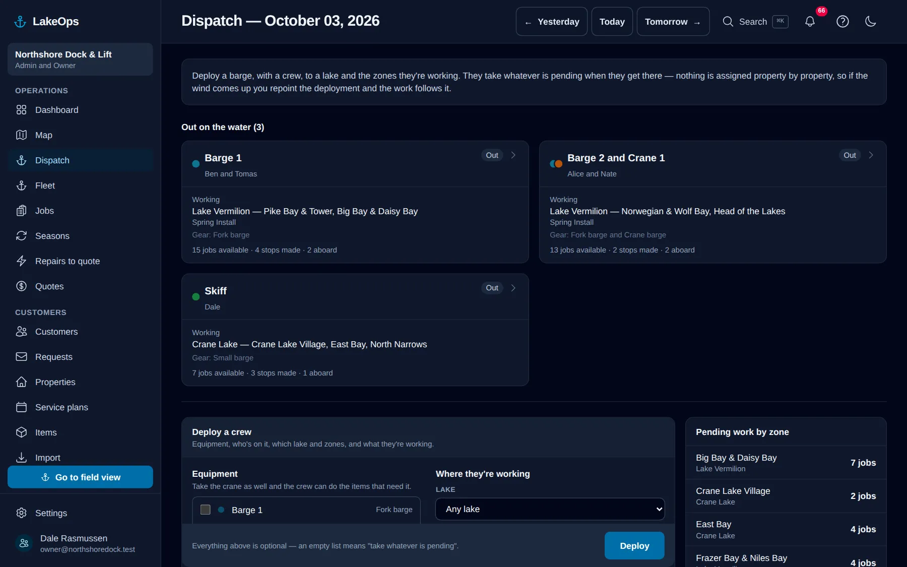 The LakeOps dispatch board: three crews out today, each showing its boat, its crew, the lake and bays they’re working and the stops they’ve made, beside the panel for sending another crew out