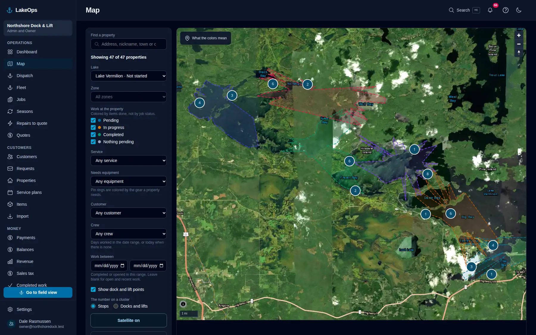 The LakeOps map: properties pinned along a shoreline, zones outlined the way you split your lakes, and a filter panel for lake, zone, service and the gear a property needs