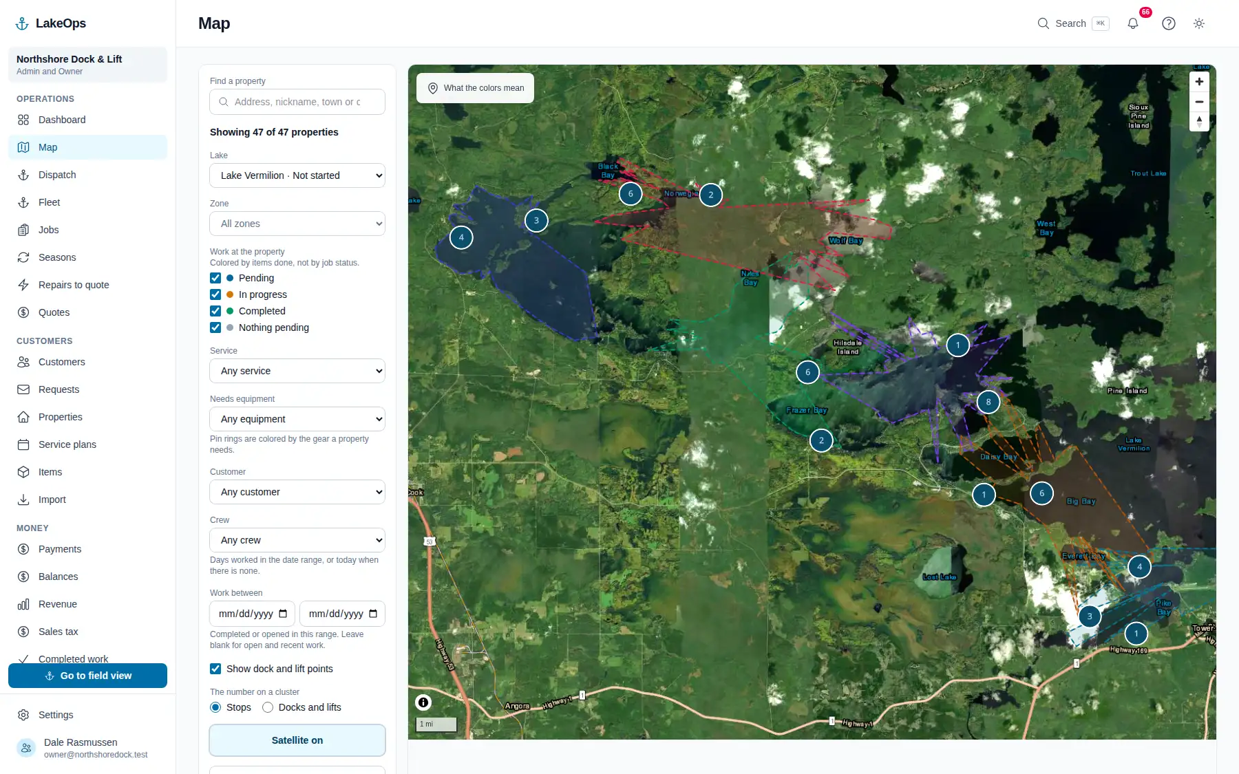 The LakeOps map: properties pinned along a shoreline, zones outlined the way you split your lakes, and a filter panel for lake, zone, service and the gear a property needs