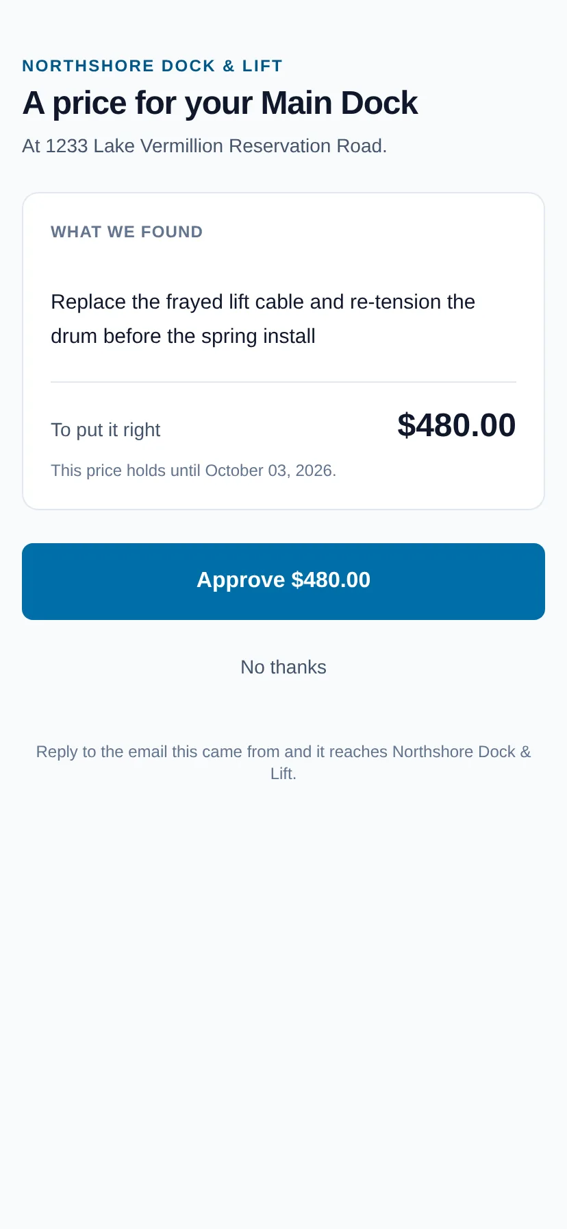 The page a customer answers on their phone: the dock company’s name, “A price for your Main Dock”, what the crew found, one price that holds until a date, an Approve button and a No thanks link